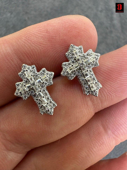 CZ  WHITE  gold Gothic Cross Large Earrings Real 925 Silver Iced Moissanite Hip Hop Mens Ladies