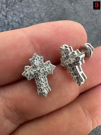 CZ  WHITE  gold Gothic Cross Large Earrings Real 925 Silver Iced Moissanite Hip Hop Mens Ladies