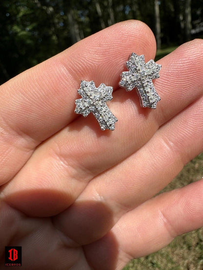 CZ  WHITE  gold Gothic Cross Large Earrings Real 925 Silver Iced Moissanite Hip Hop Mens Ladies