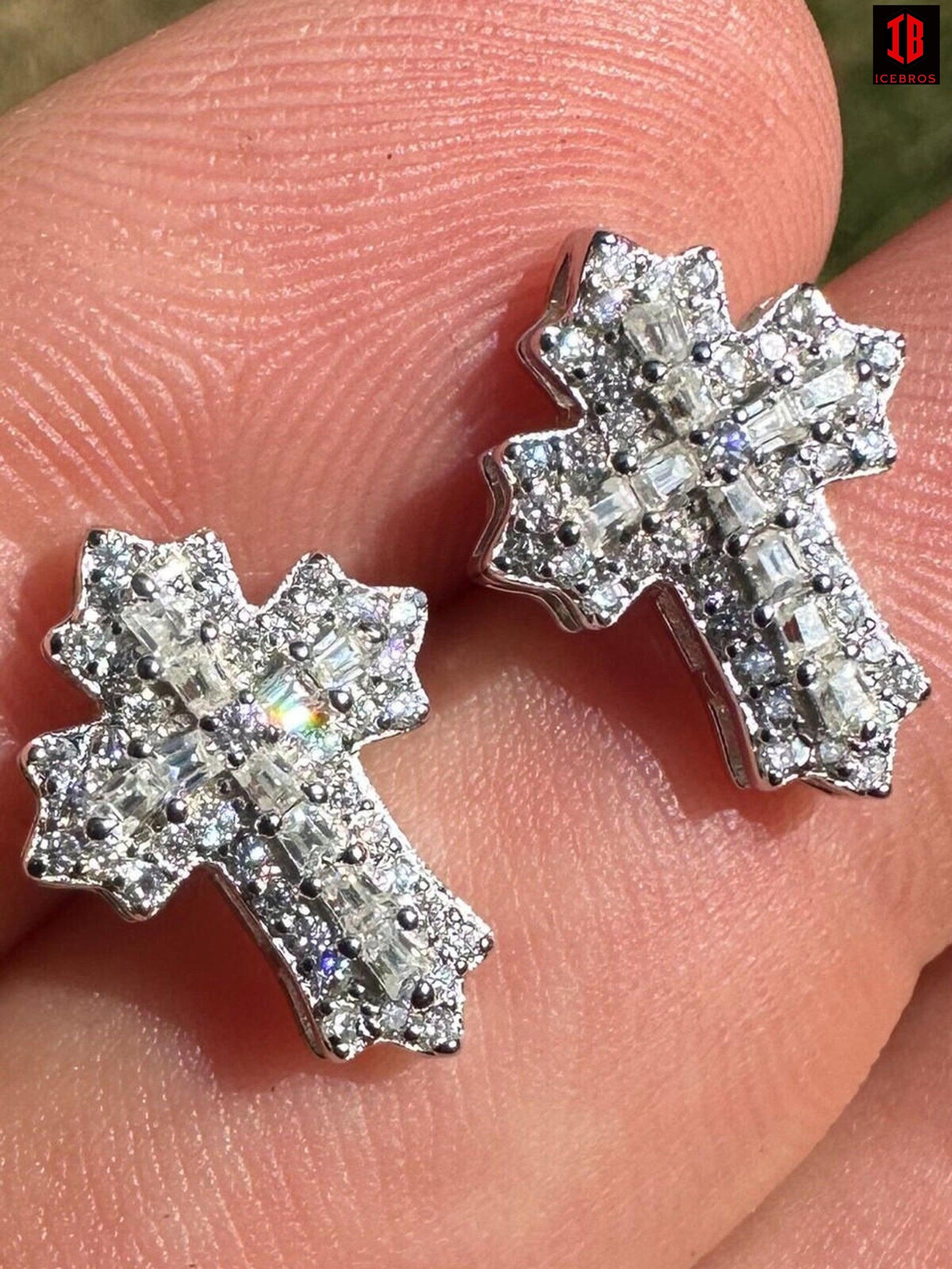 CZ  yellow gold Gothic Cross Large Earrings Real 925 Silver Iced Moissanite Hip Hop Mens Ladies