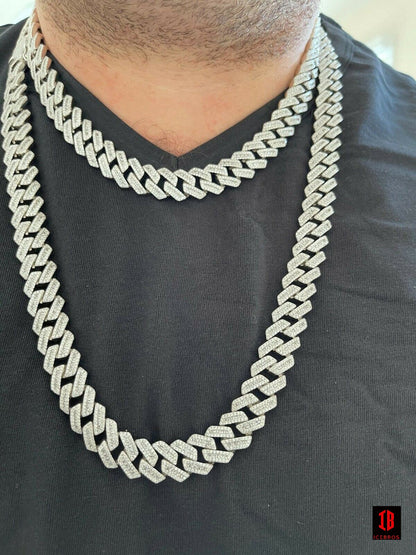 Mens Solid 925 Sterling Silver Baguette Prong Cuban Chain Hip Hop Iced Diamond