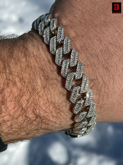 Mens Solid 925 Sterling Silver Baguette Prong Miami Cuban Bracelet Iced Diamond