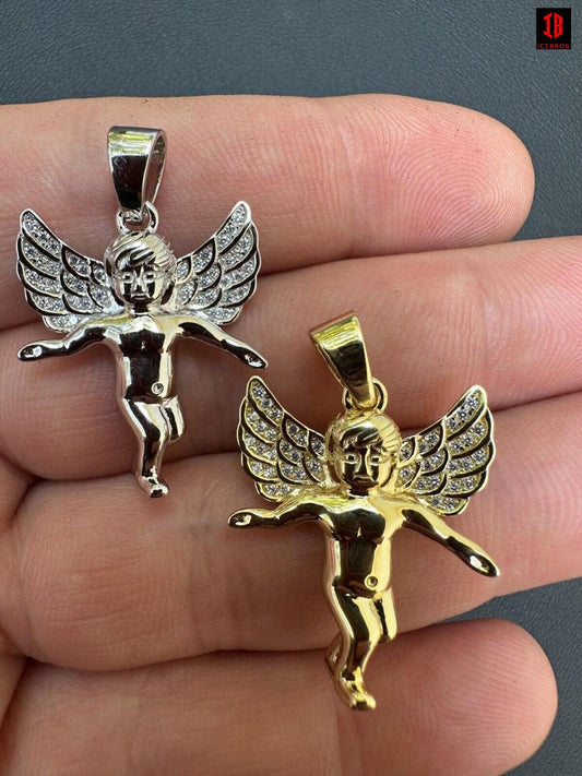 Micro Angel Pendant Iced CZ Solid 925 Silver Gold Plated Necklace Guardian Angel
