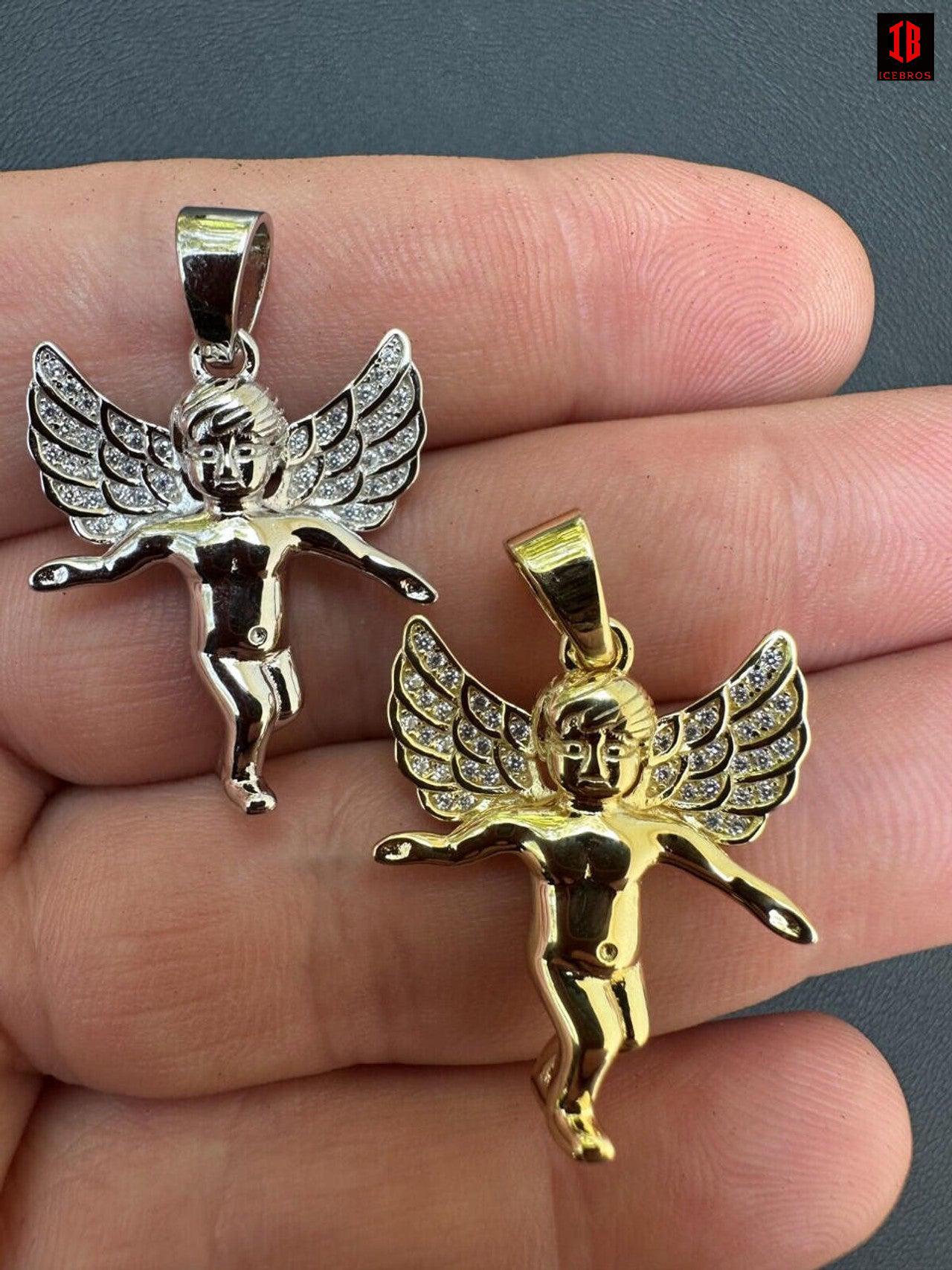 Micro Angel Pendant Iced CZ Solid 925 Silver Gold Plated Necklace Guardian Angel