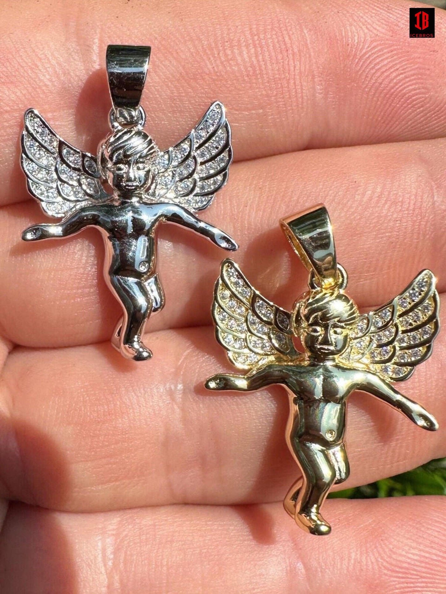 Micro Angel Pendant Iced CZ Solid 925 Silver Gold Plated Necklace Guardian Angel