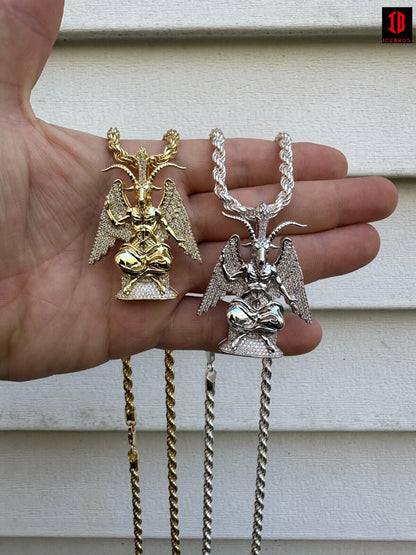 MOISSANITE Baphomet Pendant Iced Devil Goat Satan Pentagram Necklace 925 Silver