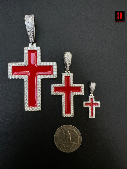 MOISSANITE Cross Pendant Iced Necklace Blood Red Enamel Real 925 Silver 3 Sizes