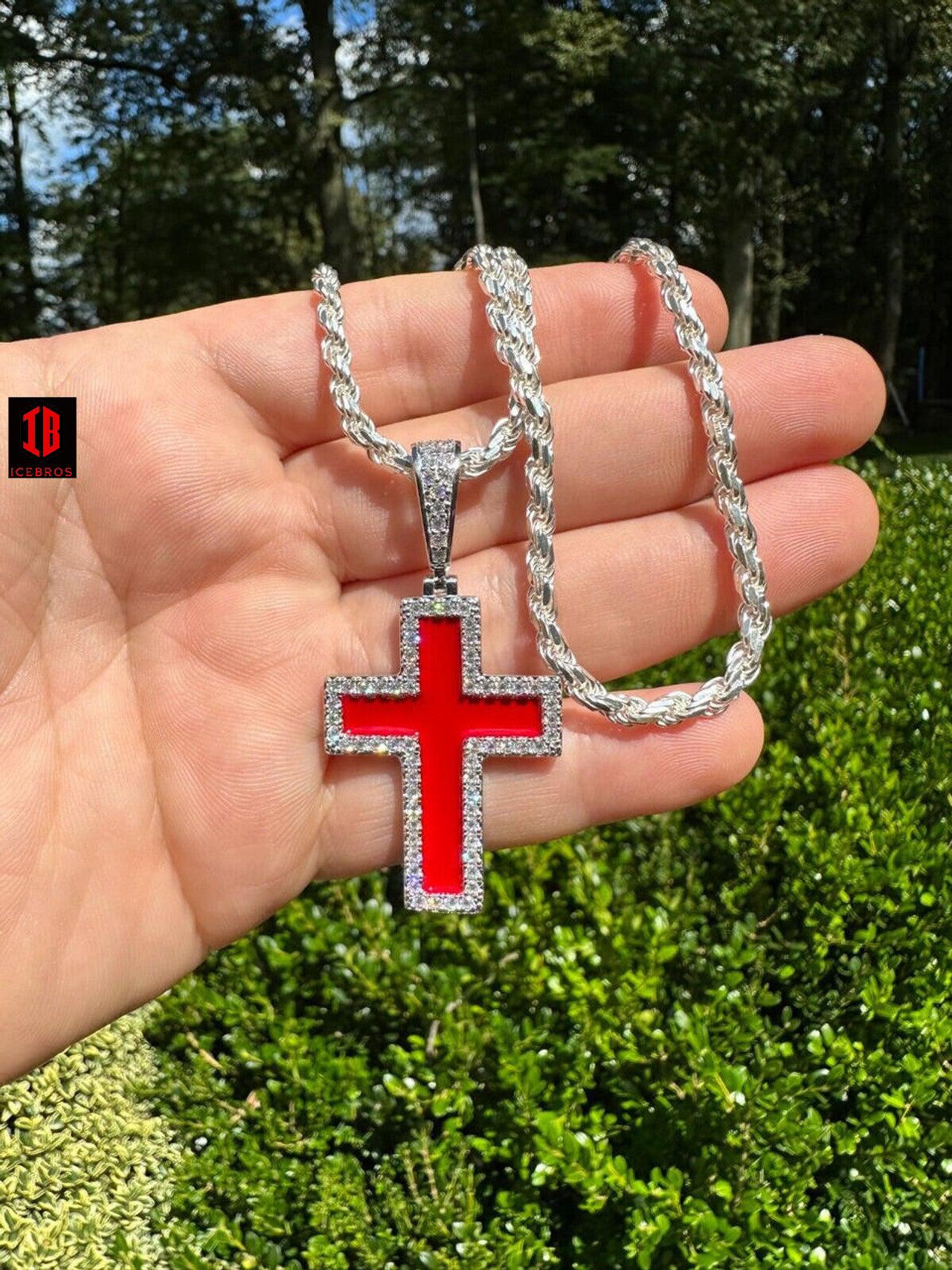 MOISSANITE Cross Pendant Iced Necklace Blood Red Enamel Real 925 Silver 3 Sizes