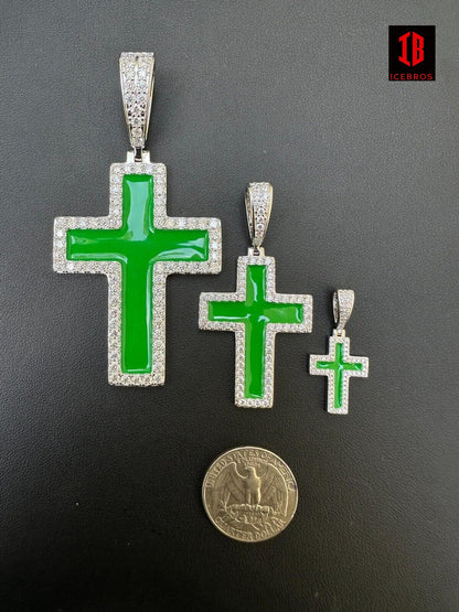 MOISSANITE Cross Pendant Iced Necklace Green Enamel Real 925 Silver - 3 Sizes
