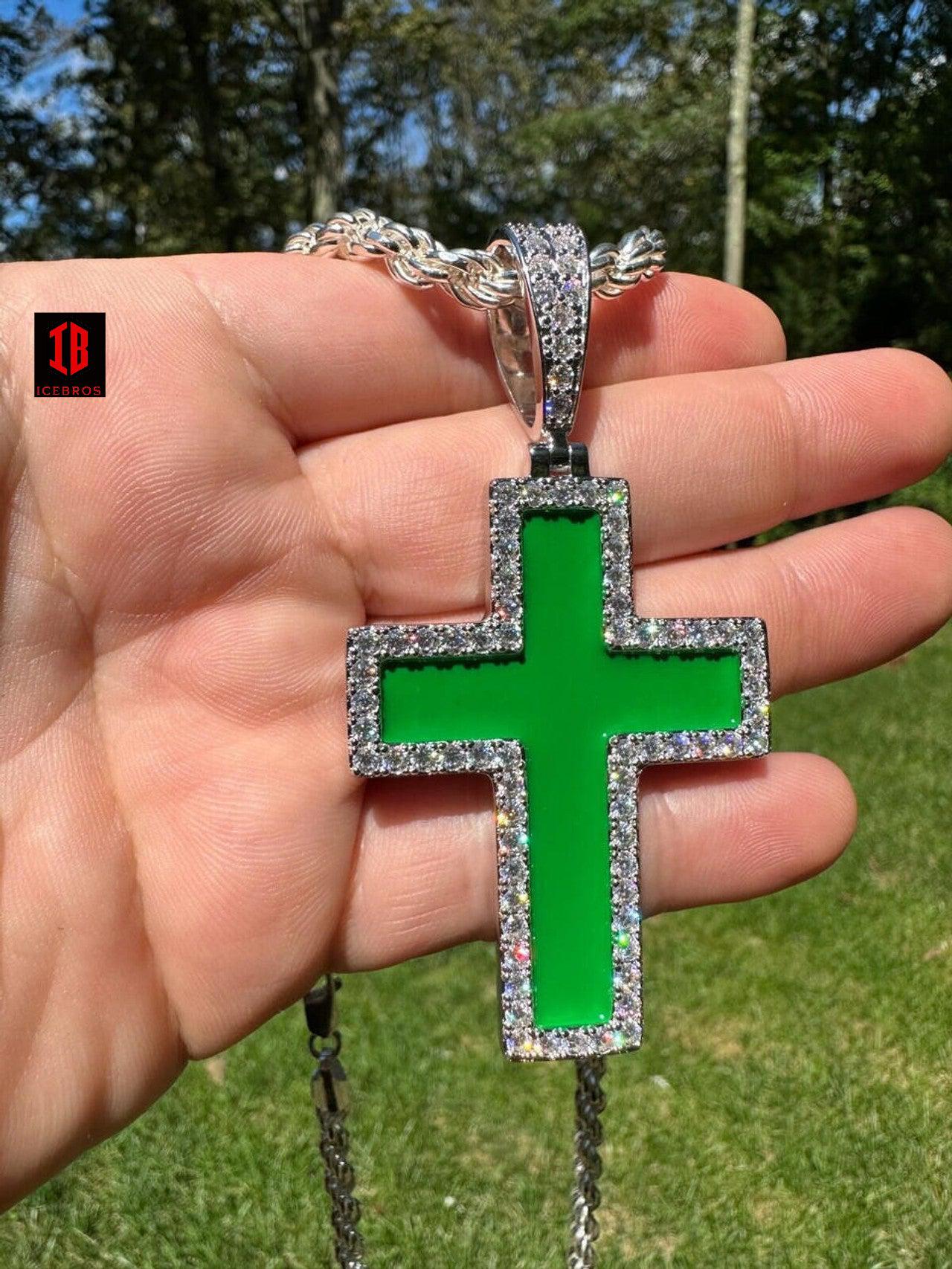 MOISSANITE Cross Pendant Iced Necklace Green Enamel Real 925 Silver - 3 Sizes