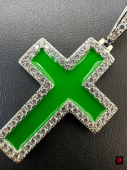 MOISSANITE Cross Pendant Iced Necklace Green Enamel Real 925 Silver - 3 Sizes