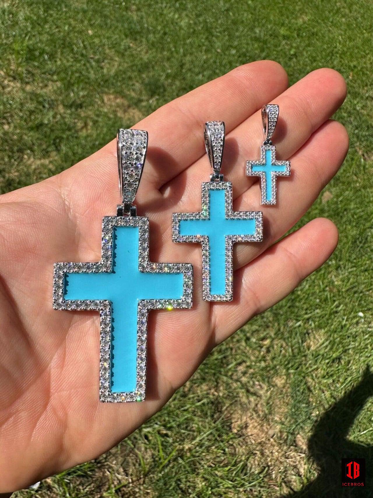 MOISSANITE Cross Pendant Iced Necklace Light Blue Enamel Real 925 Silver 3 Sizes