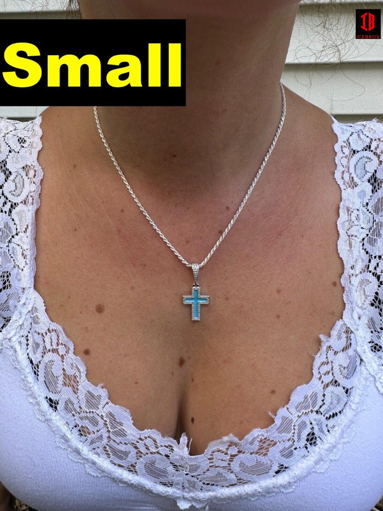 MOISSANITE Cross Pendant Iced Necklace Light Blue Enamel Real 925 Silver 3 Sizes