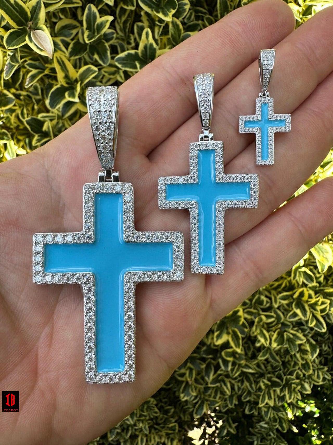 MOISSANITE Cross Pendant Iced Necklace Light Blue Enamel Real 925 Silver 3 Sizes