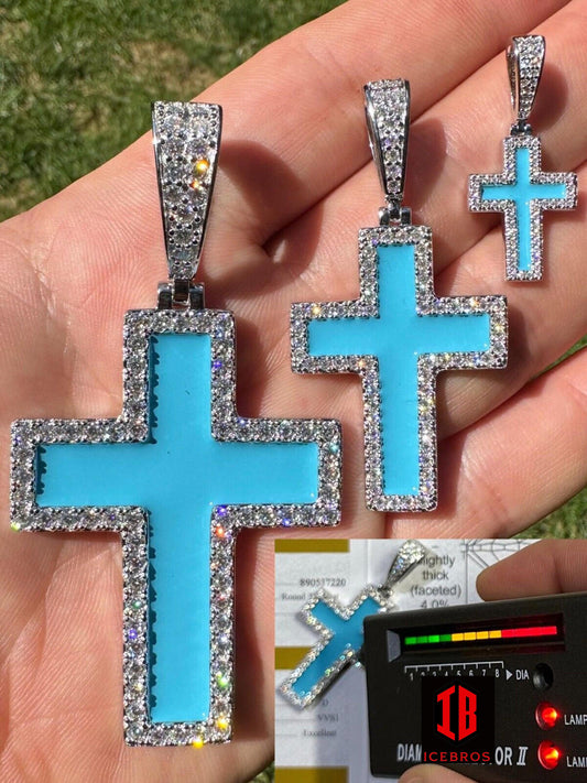 MOISSANITE Cross Pendant Iced Necklace Light Blue Enamel Real 925 Silver 3 Sizes