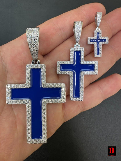 MOISSANITE Cross Pendant Iced Necklace Navy Blue Enamel Real 925 Silver 3 Sizes