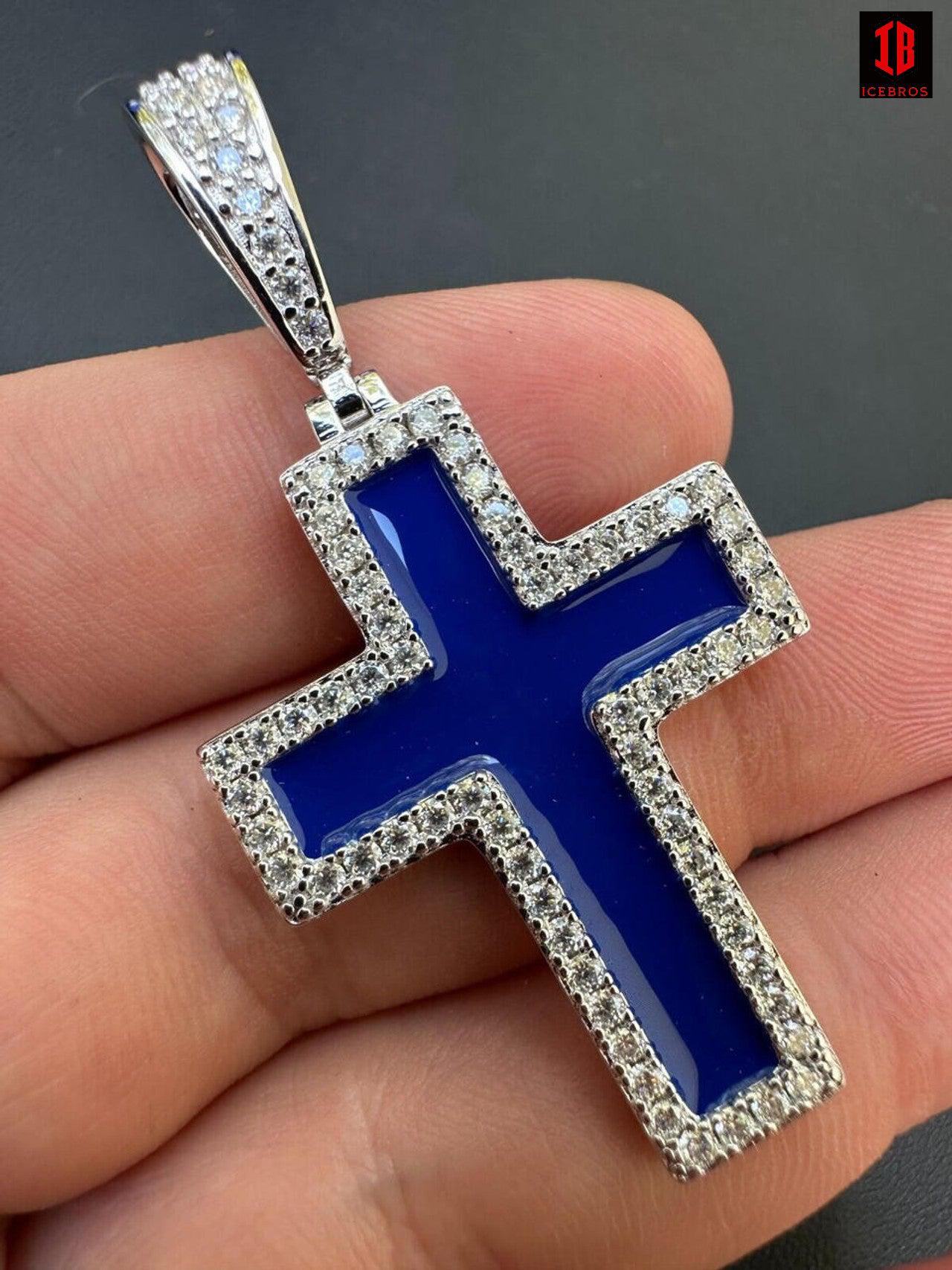 MOISSANITE Cross Pendant Iced Necklace Navy Blue Enamel Real 925 Silver 3 Sizes