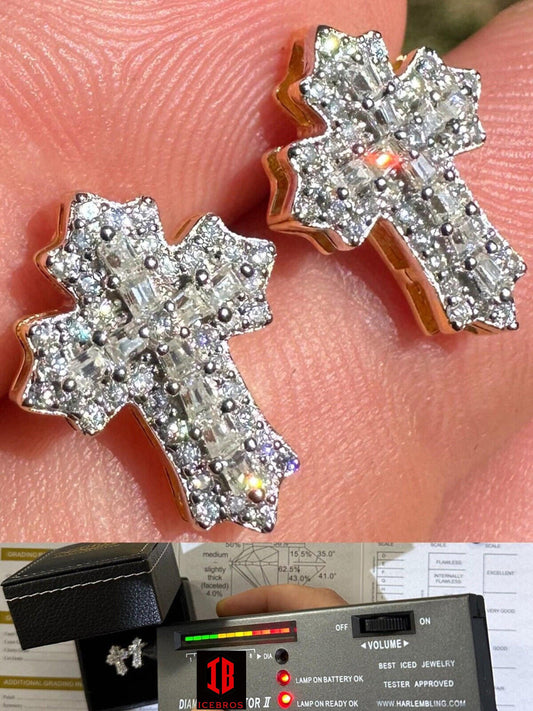 yellow gold Gothic Cross Large Earrings Real 925 Silver Iced Moissanite Hip Hop Mens Ladies