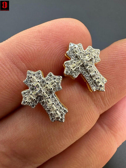 yellow gold Gothic Cross Large Earrings Real 925 Silver Iced Moissanite Hip Hop Mens Ladies