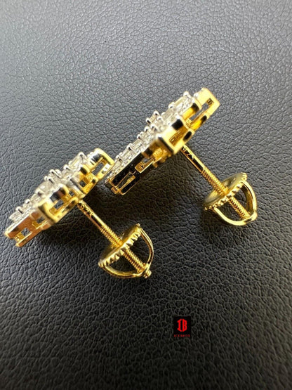 CZ  yellow gold Gothic Cross Large Earrings Real 925 Silver Iced Moissanite Hip Hop Mens Ladies