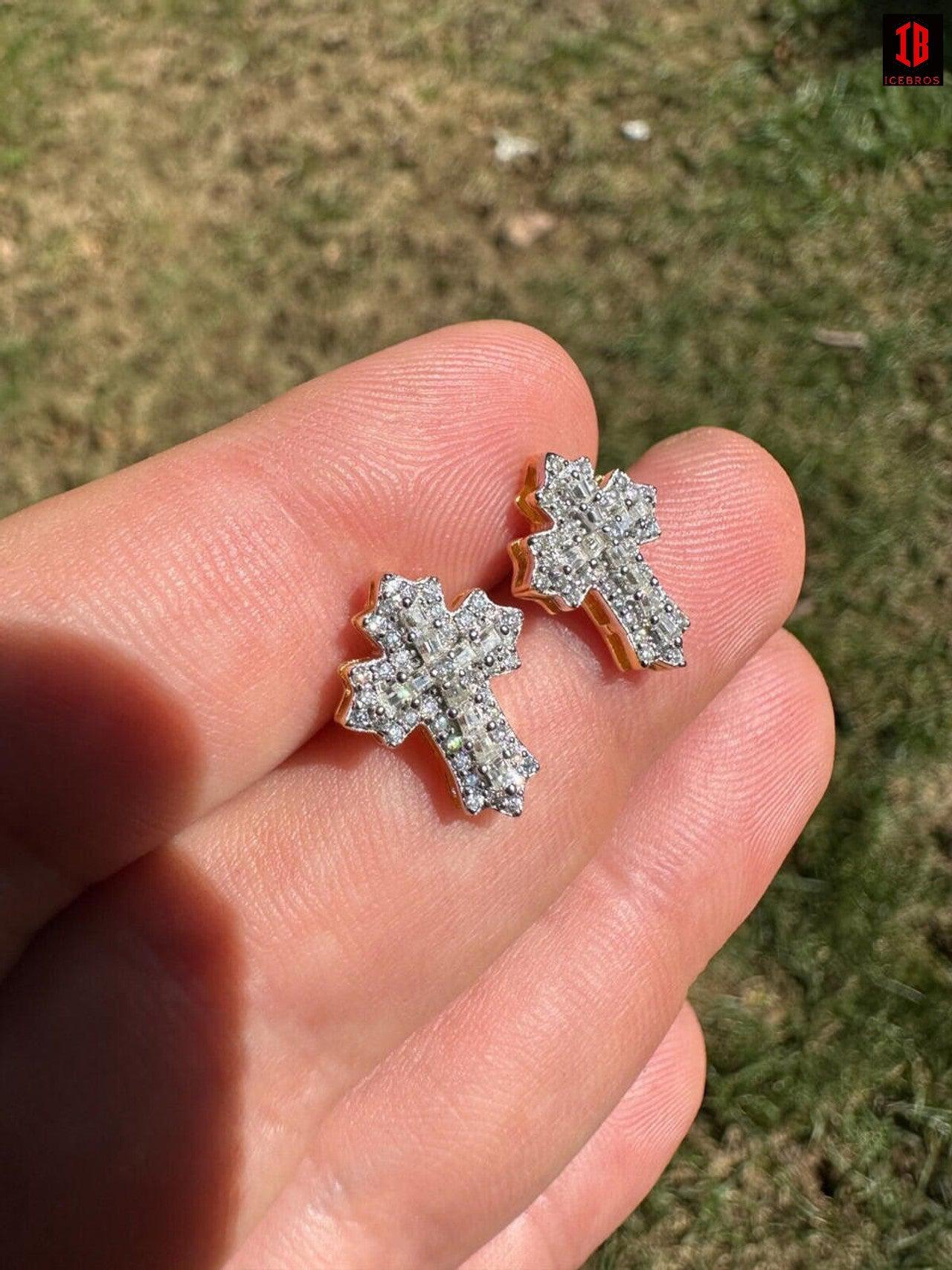 CZ  yellow gold Gothic Cross Large Earrings Real 925 Silver Iced Moissanite Hip Hop Mens Ladies