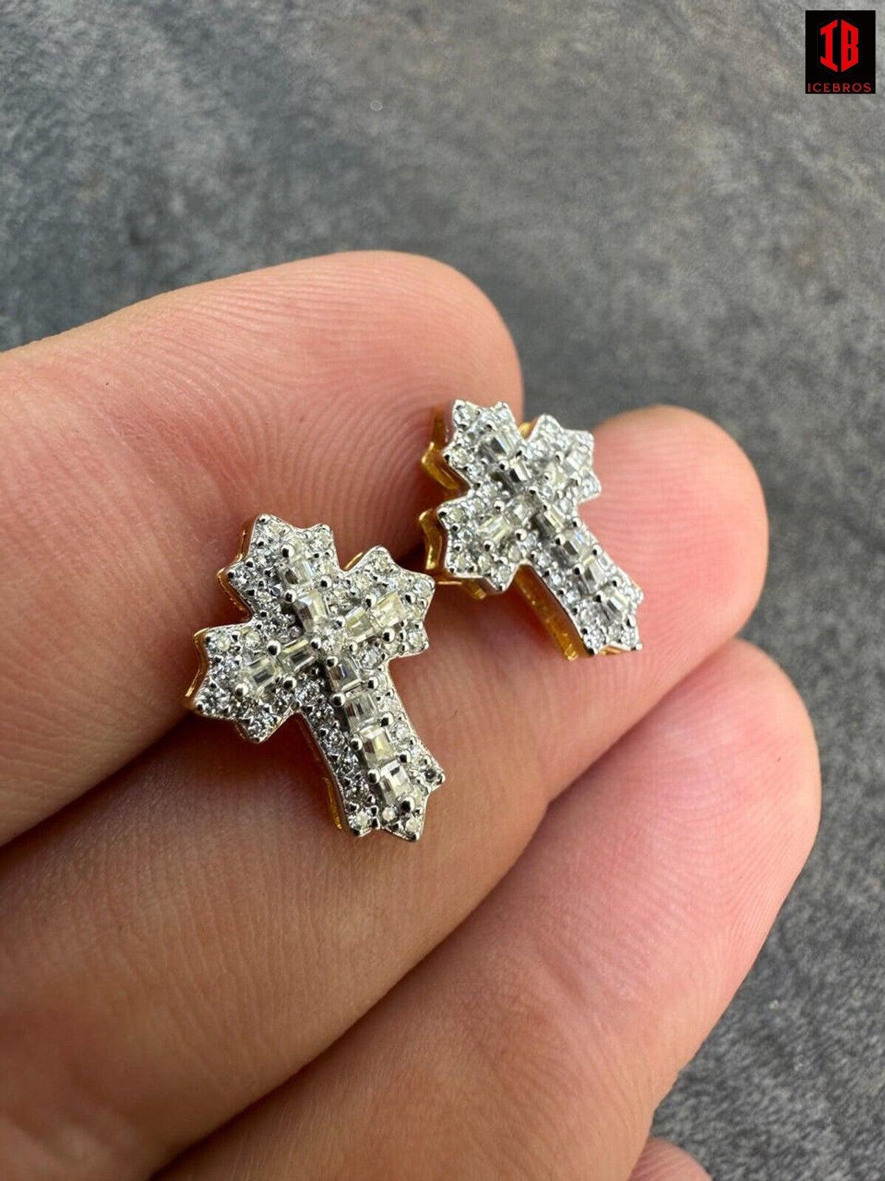 CZ  yellow gold Gothic Cross Large Earrings Real 925 Silver Iced Moissanite Hip Hop Mens Ladies