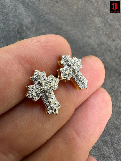 yellow gold Gothic Cross Large Earrings Real 925 Silver Iced Moissanite Hip Hop Mens Ladies