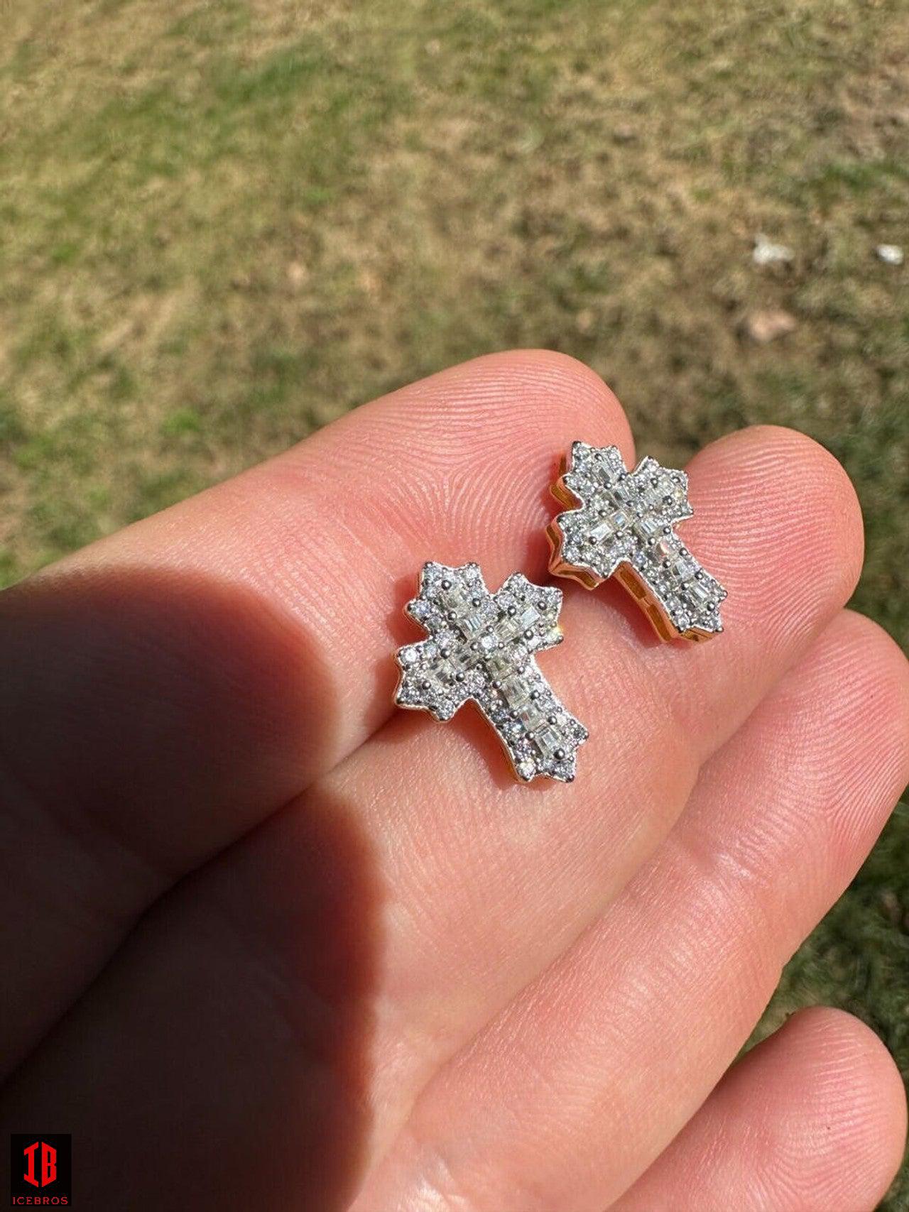 Gothic Cross Large Earrings Real 925 Silver Iced Moissanite Hip Hop Mens Ladies