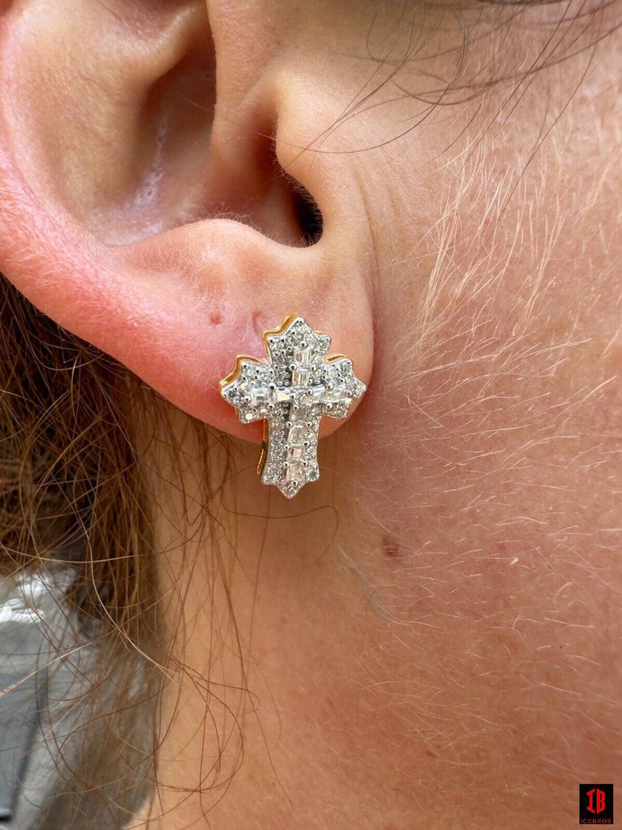 yellow gold Gothic Cross Large Earrings Real 925 Silver Iced Moissanite Hip Hop Mens Ladies