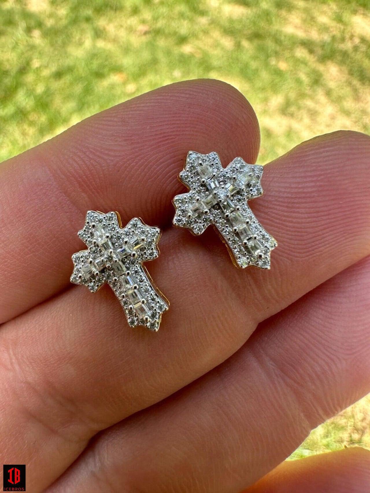 yellow gold Gothic Cross Large Earrings Real 925 Silver Iced Moissanite Hip Hop Mens Ladies