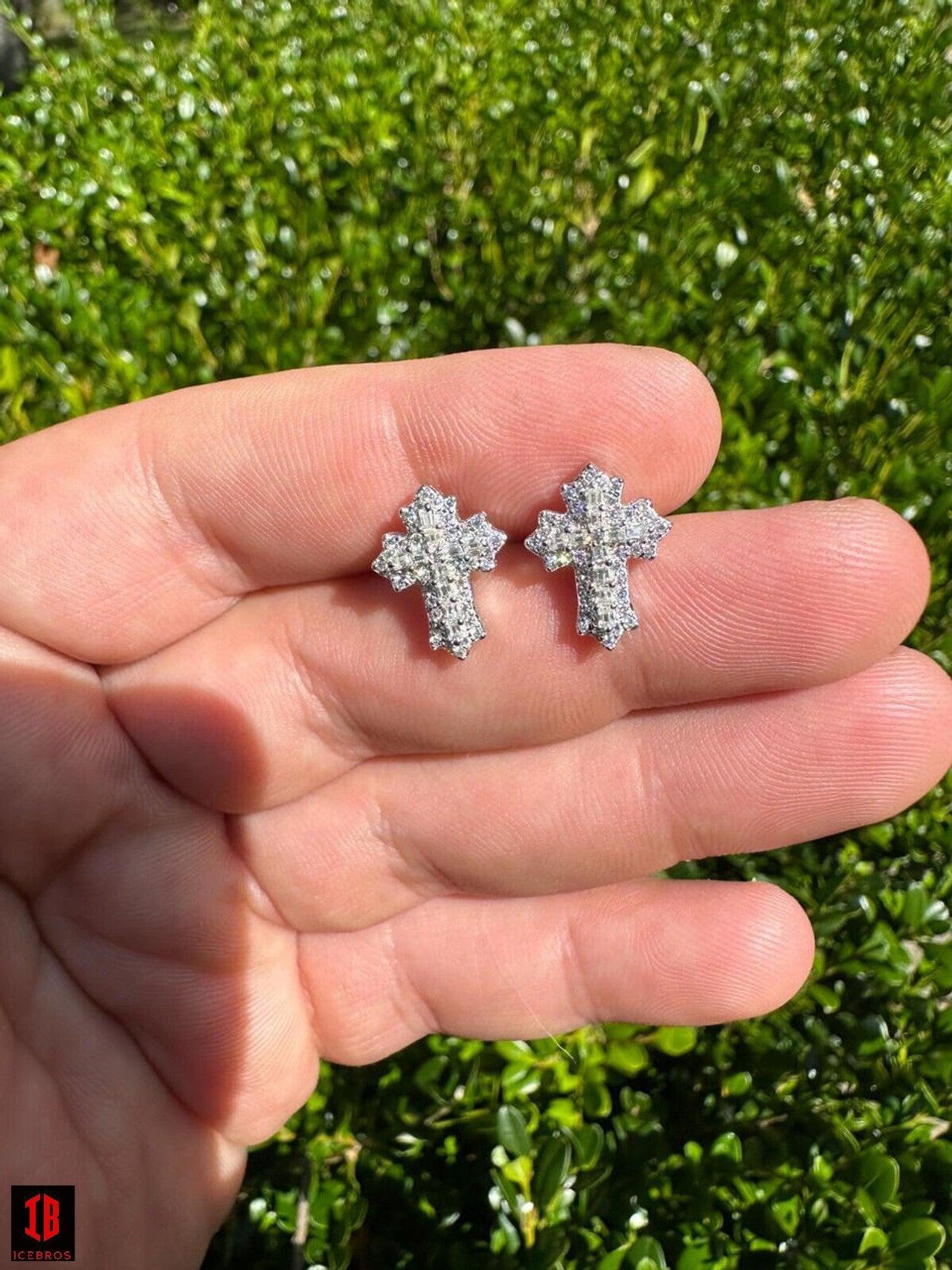 CZ  WHITE  gold Gothic Cross Large Earrings Real 925 Silver Iced Moissanite Hip Hop Mens Ladies