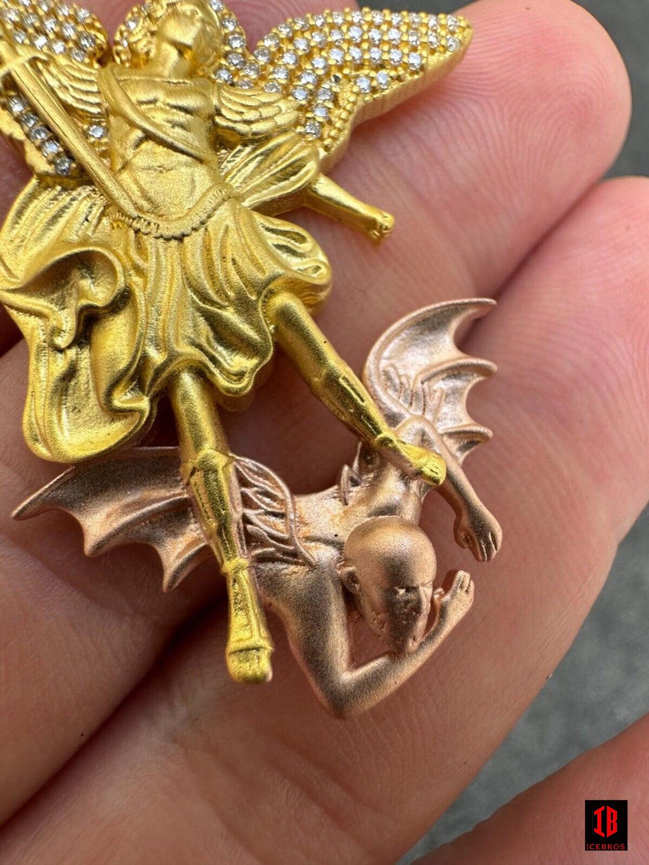 MOISSANITE St Michael & Dragon Pendant 925 Silver - Yellow & Rose Gold Iced Out