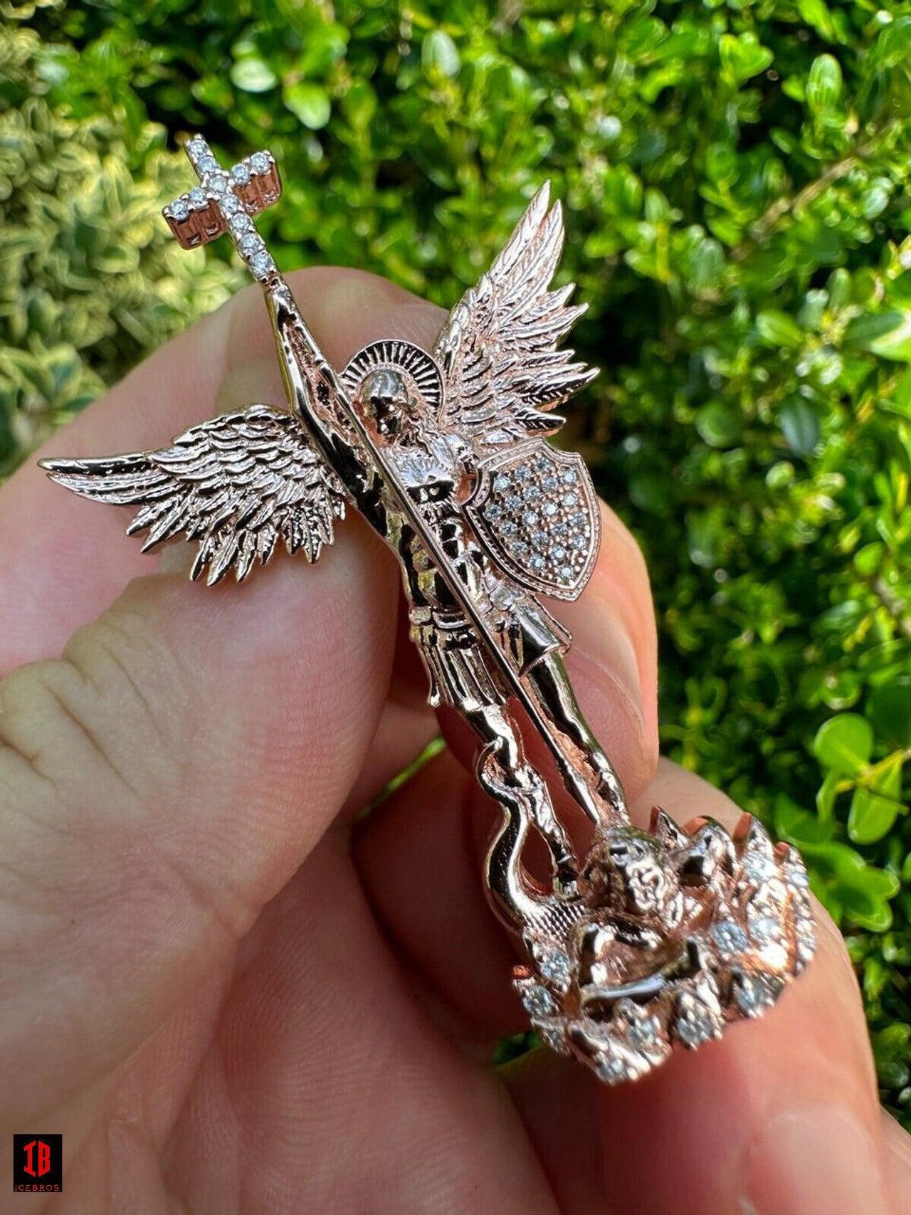 Glossy MOISSANITE Saint Michael Killing Dragon Demon 3D 14k Rose Gold Sand Blast 925 Matte Silver