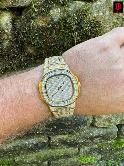 Real Mens Baguette 18K Gold Real MOISSANITE Watch Iced Automatic Movement HipHop