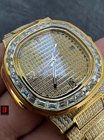 Real Mens Baguette WHITE Gold Real MOISSANITE Watch Iced Automatic Movement HipHop