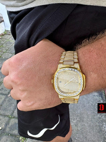 Real Mens Baguette 18K Gold Real MOISSANITE Watch Iced Automatic Movement HipHop