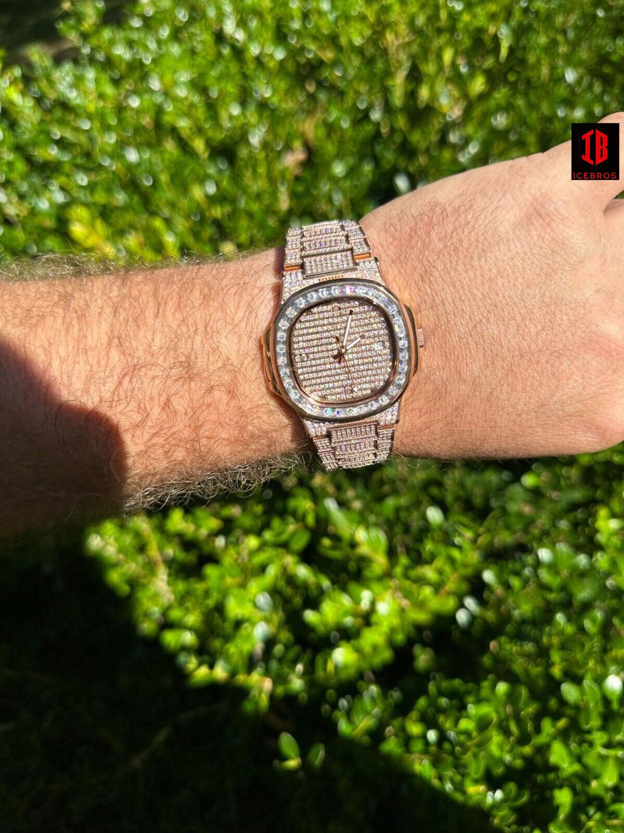 Real Mens Baguette 18K Gold Real MOISSANITE Watch Iced Automatic Movement HipHop