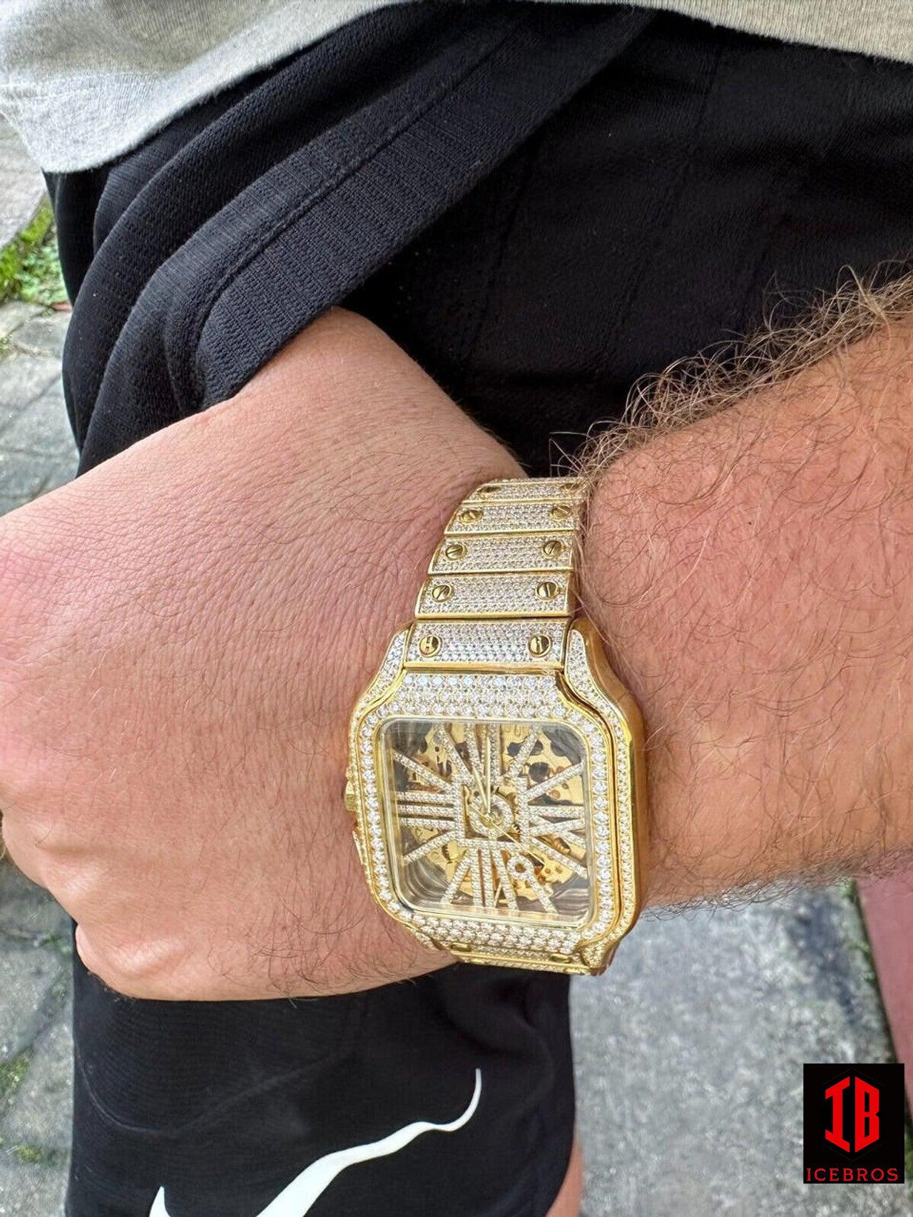 Real Mens MOISSANITE 14k Gold Watch Iced Automatic Movement Hip Hop Skeleton