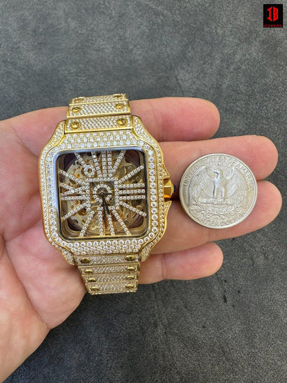 Real Mens MOISSANITE 14k Gold Watch Iced Automatic Movement Hip Hop Skeleton