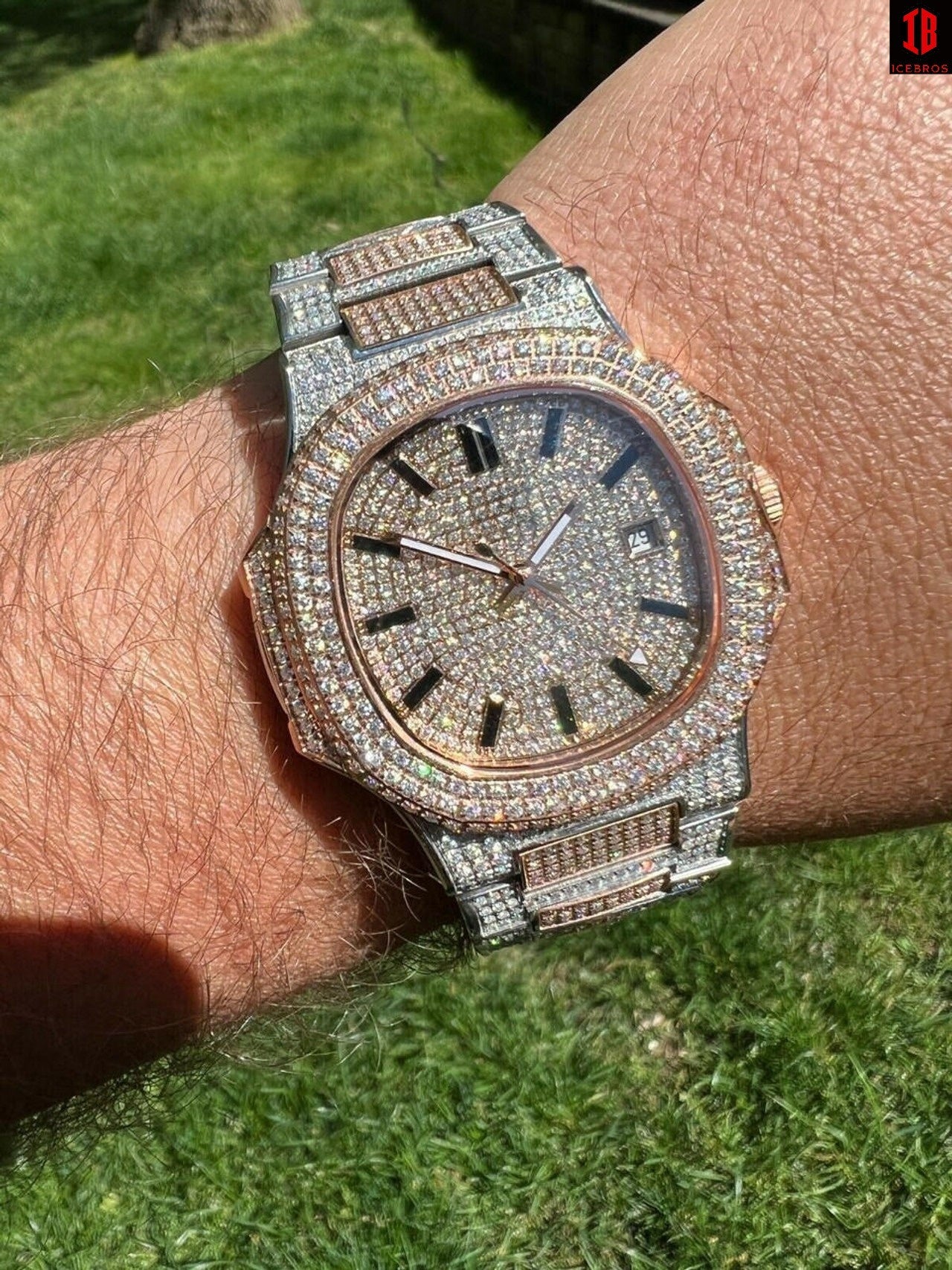 Real MOISSANITE Mens Watch Fully Iced Rose Stainless Hip Hop Passes Diamond Test