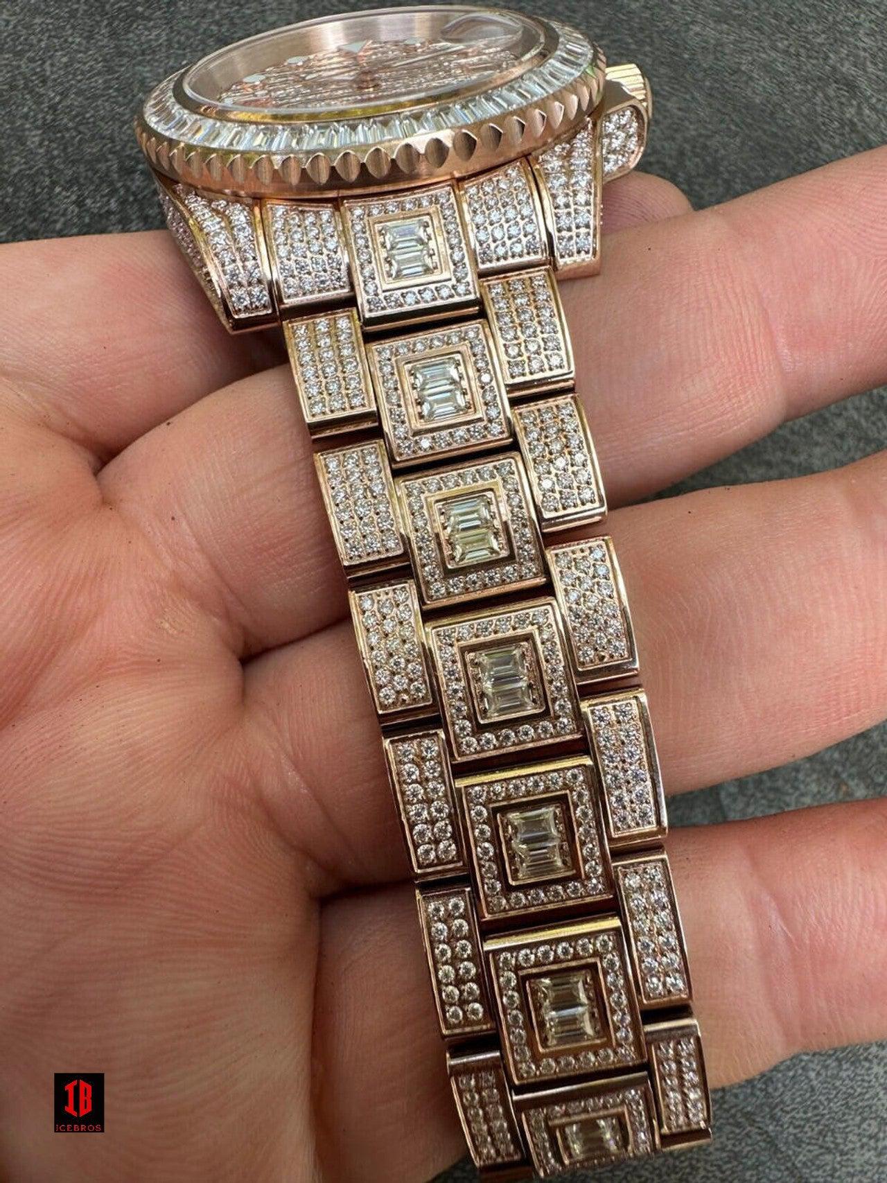 YELLOW GOLD Real Baguette MOISSANITE Mens NO ID Presidential Watch Iced 44mm Hip Hop