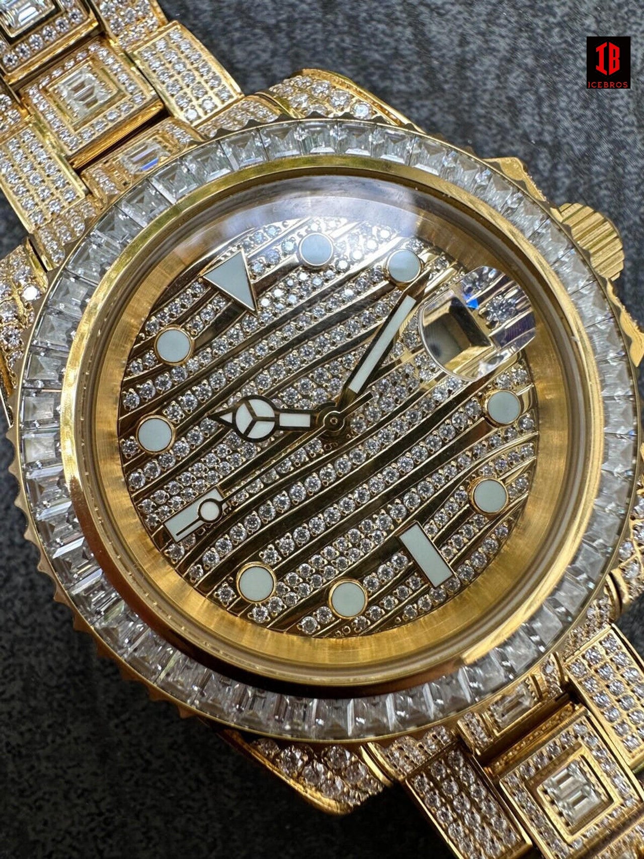 YELLOW GOLD Real Baguette MOISSANITE Mens NO ID Presidential Watch Iced 44mm Hip Hop