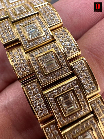 YELLOW GOLD Real Baguette MOISSANITE Mens NO ID Presidential Watch Iced 44mm Hip Hop