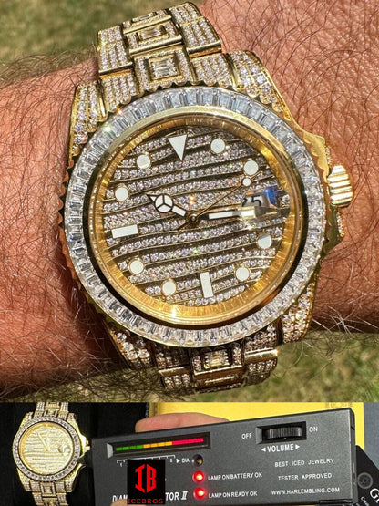 YELLOW GOLD Real Baguette MOISSANITE Mens NO ID Presidential Watch Iced 44mm Hip Hop