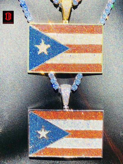 HUGE 2X3inch 925 Silver Puerto Rico Flag Pendant BORICUA Rican Chain 20ct Colorful