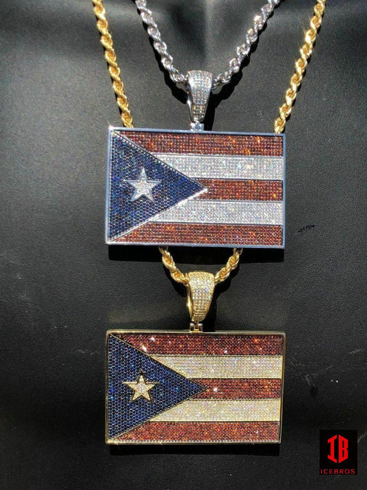 HUGE 2X3inch 925 Silver Puerto Rico Flag Pendant BORICUA Rican Chain 20ct Colorful