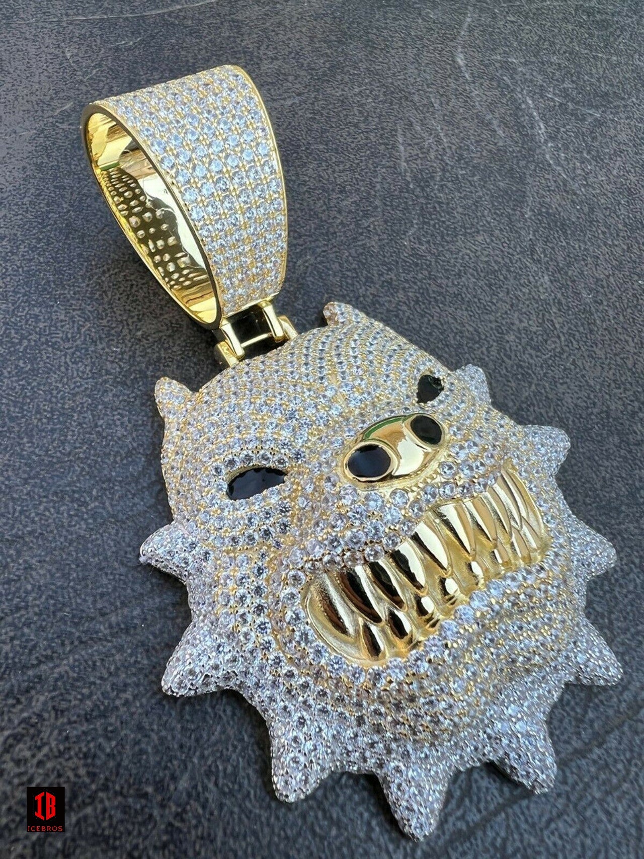 Large XL Iced Hip Hop 925 Silver Angry Teeth Pitbull Dog Animal Pendant Necklace Mens