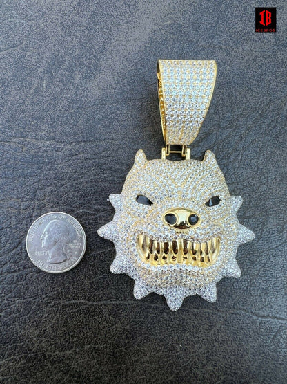 Large XL Iced Hip Hop 925 Silver Angry Teeth Pitbull Dog Animal Pendant Necklace Mens