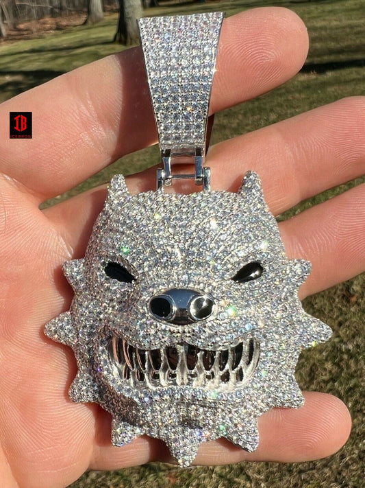 Large XL Iced Hip Hop 925 Silver Angry Teeth Pitbull Dog Animal Pendant Necklace Mens