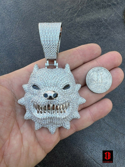 Large XL Iced Hip Hop 925 Silver Angry Teeth Pitbull Dog Animal Pendant Necklace Mens